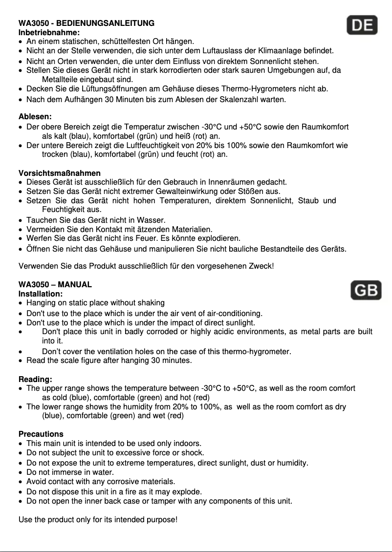 First page image of the manual for WA 3050