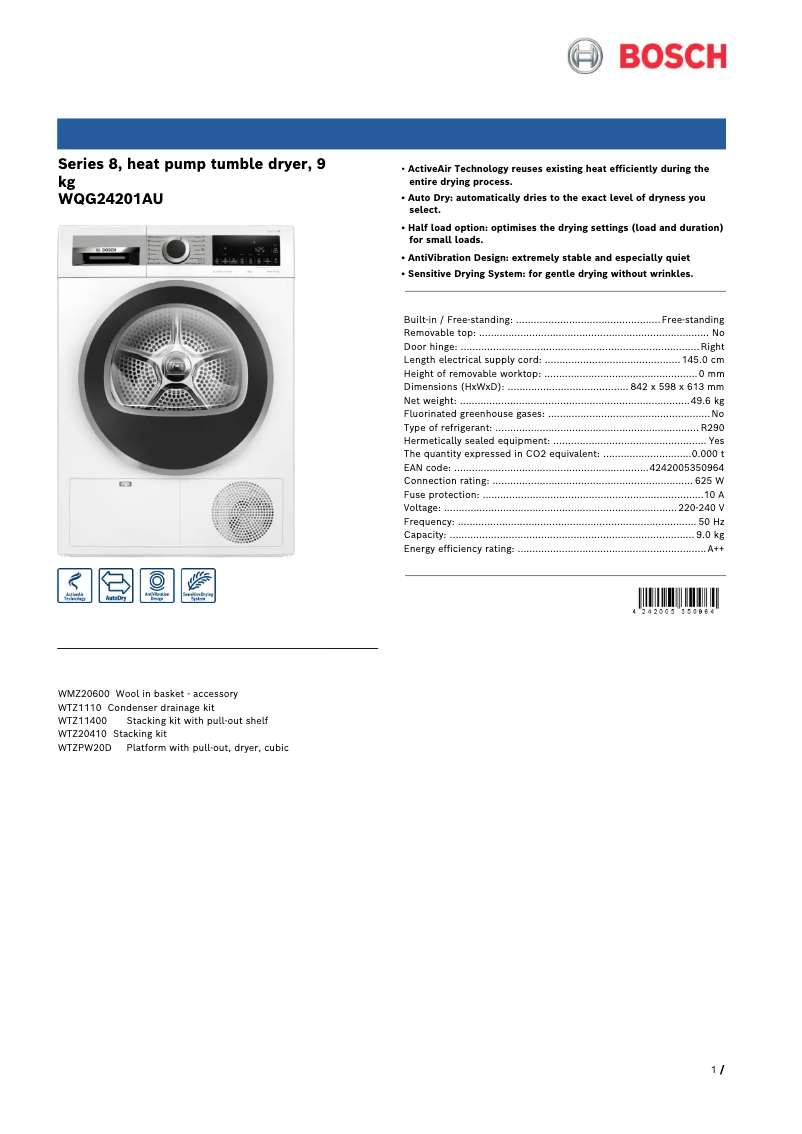 Página 1 del manual Ficha técnica Bosch WQG24201AU