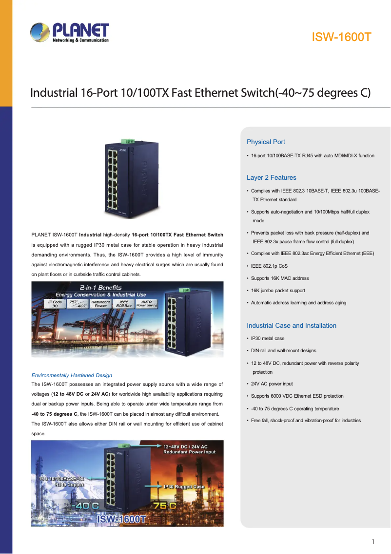 Page 1 de la notice Fiche technique Planet ISW-1600T