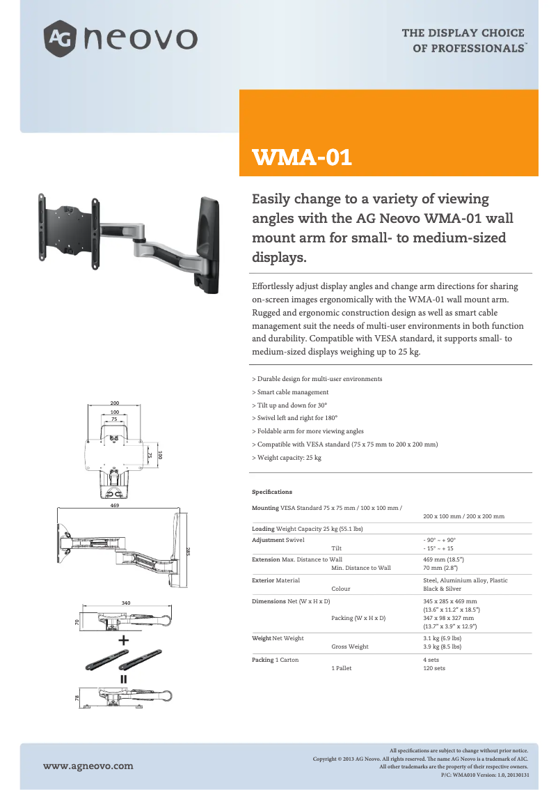 Page 1 de la notice Fiche technique AG Neovo WMA-01