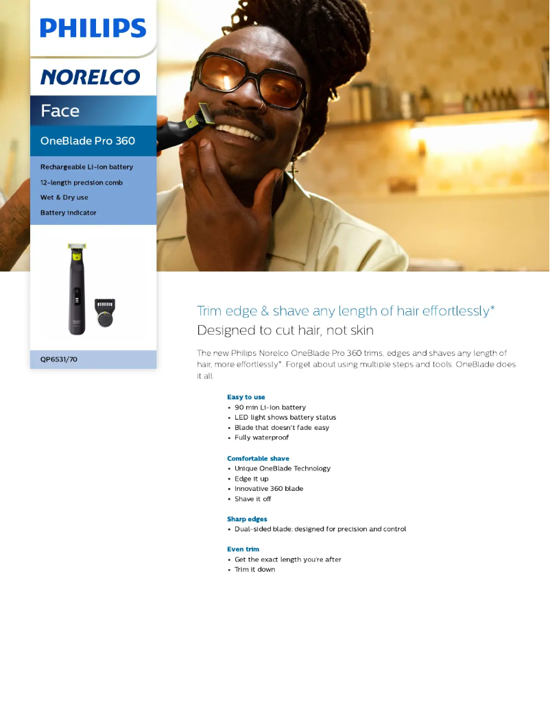 Page 1 of the manual Technical Sheet Philips Norelco OneBlade QP6531