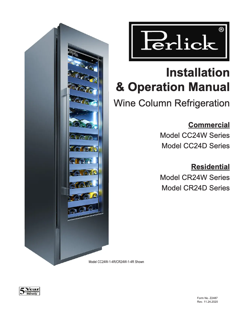 Page 1 de la notice Manuel utilisateur Perlick CR24W-1-4L