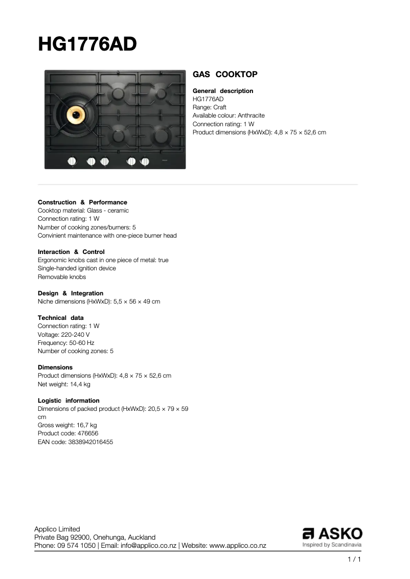 Page n°1 - Fiche technique Asko HG1776AD