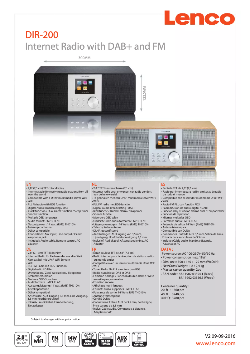 Page 1 de la notice Fiche technique Lenco DIR-200