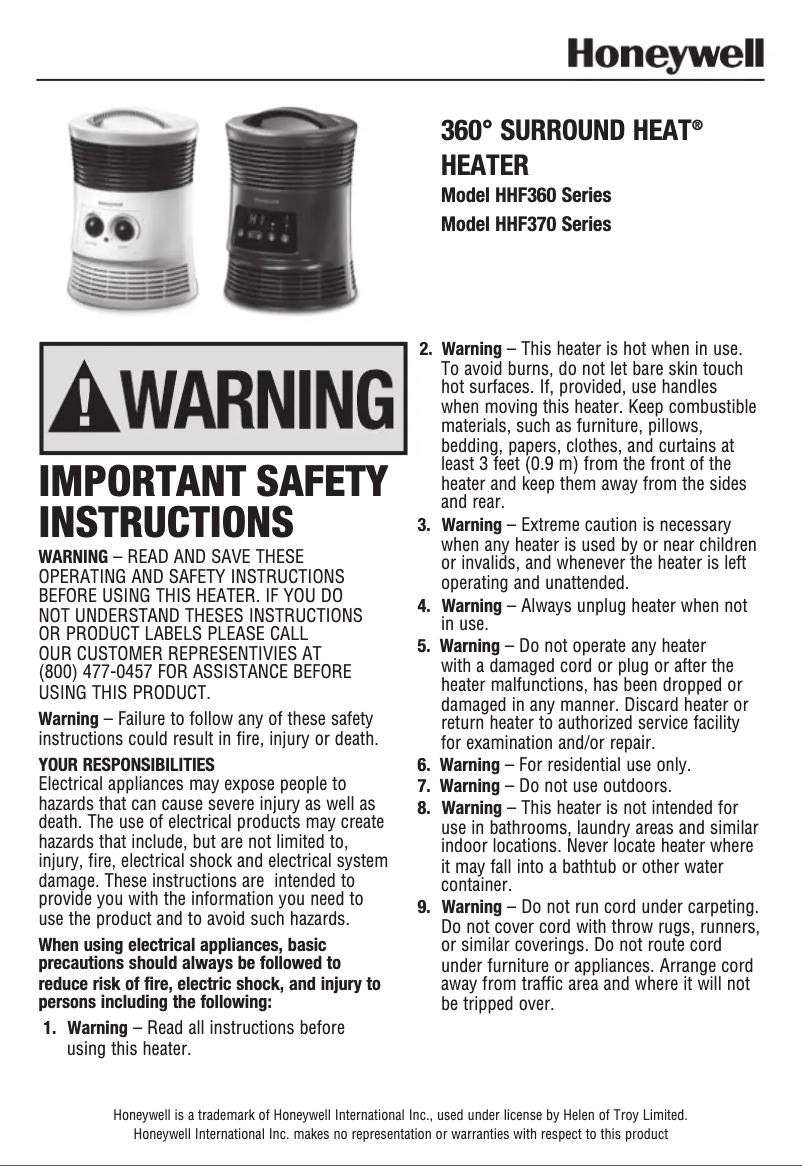 Page n°1 - Manuel utilisateur Honeywell HWLHHF360VV2