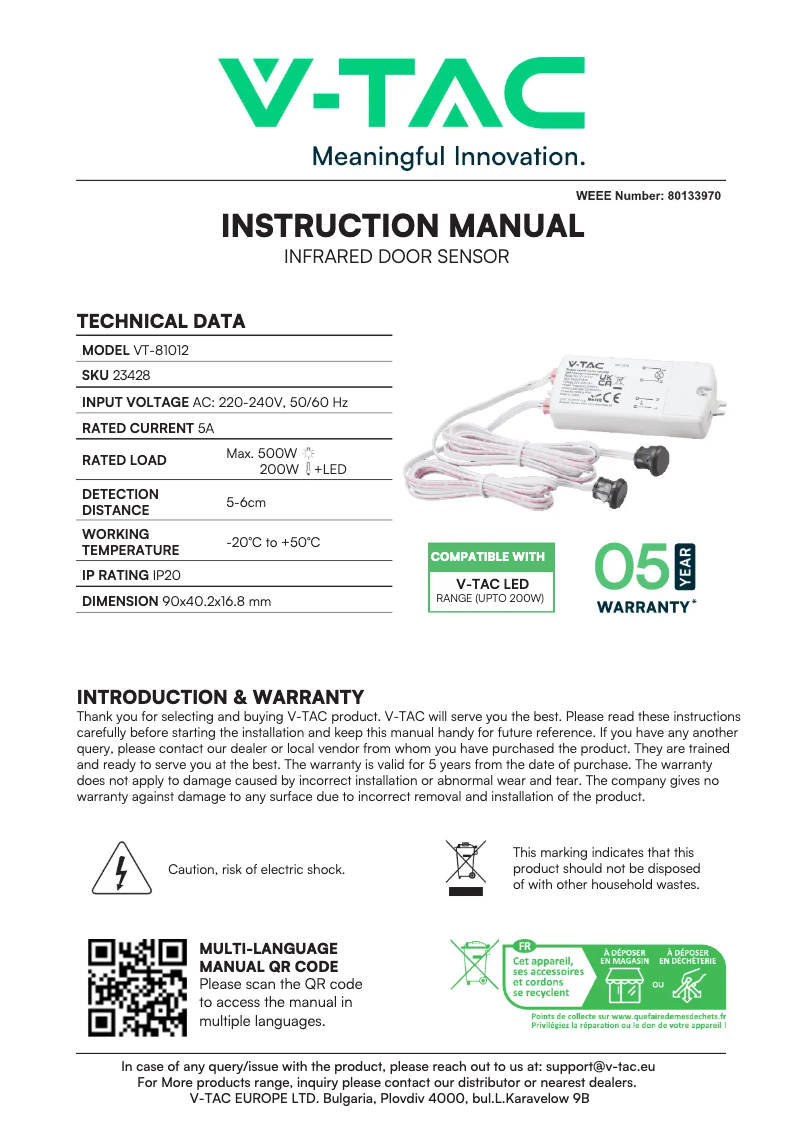 Page 1 de la notice Manuel utilisateur V-TAC VT-81012