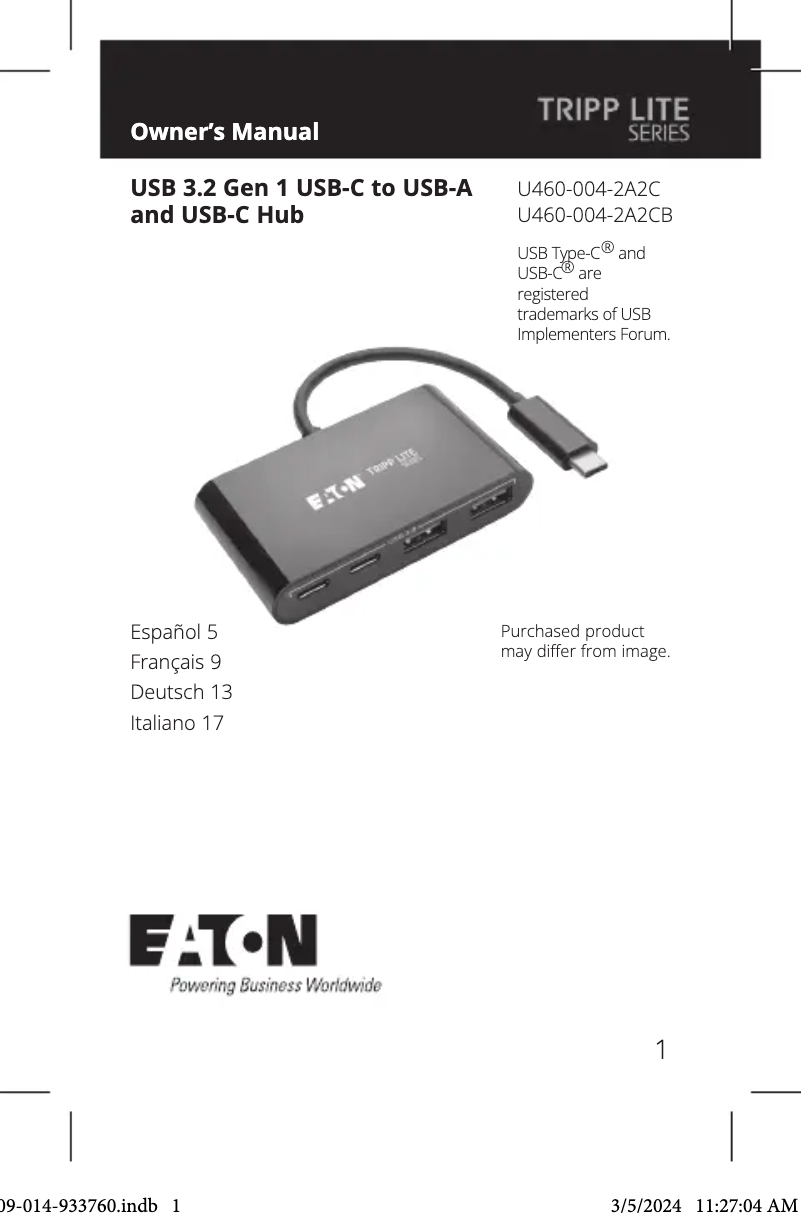 Page n°1 - Manuel utilisateur Tripp Lite U460-004-2A2C