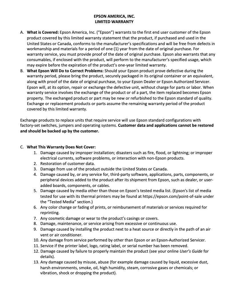 Page 1 de la notice Informations de garantie Epson PLQ-50