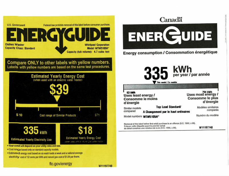 Page 1 de la notice Label énergétique Whirlpool WTW5105HW