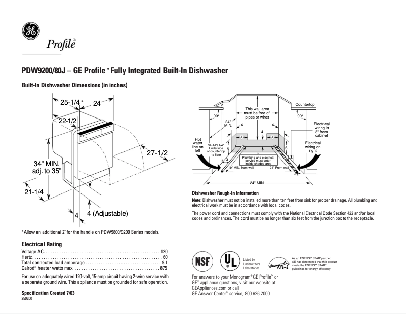 Page n°1 - Fiche technique GE Profile PDW9280JSS