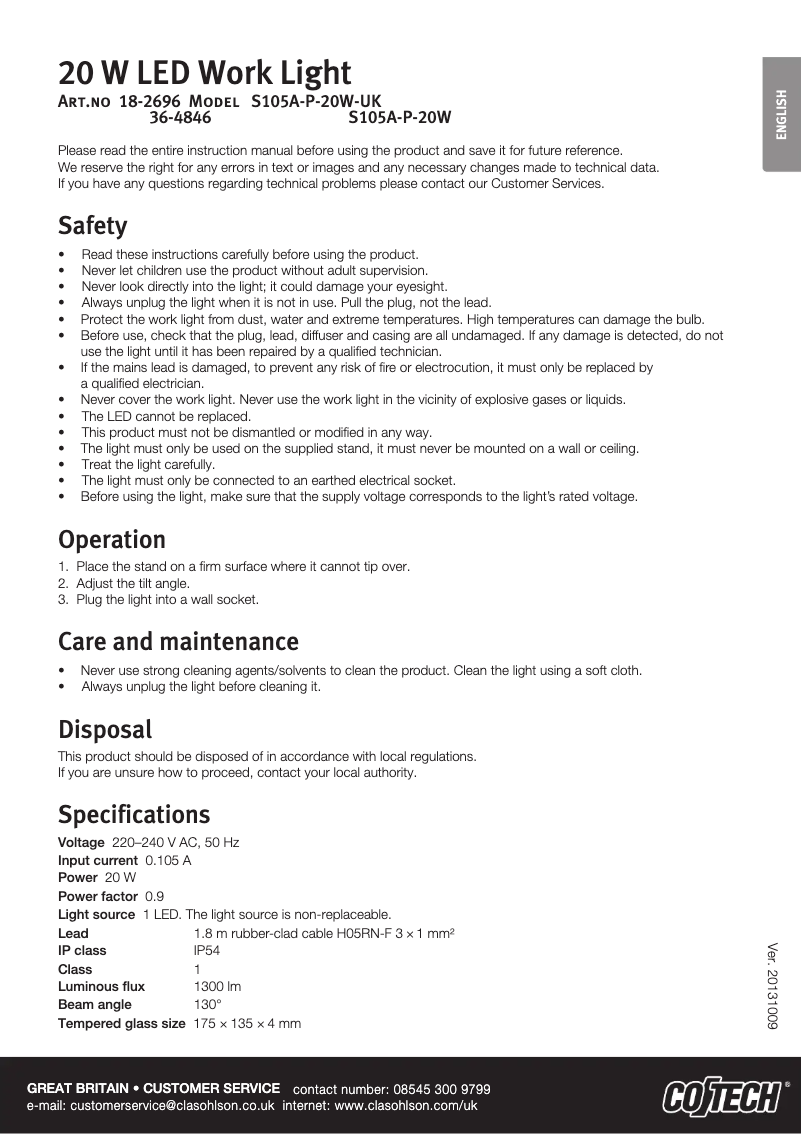 Page n°1 - Manuel utilisateur Cotech S105A-P-20W