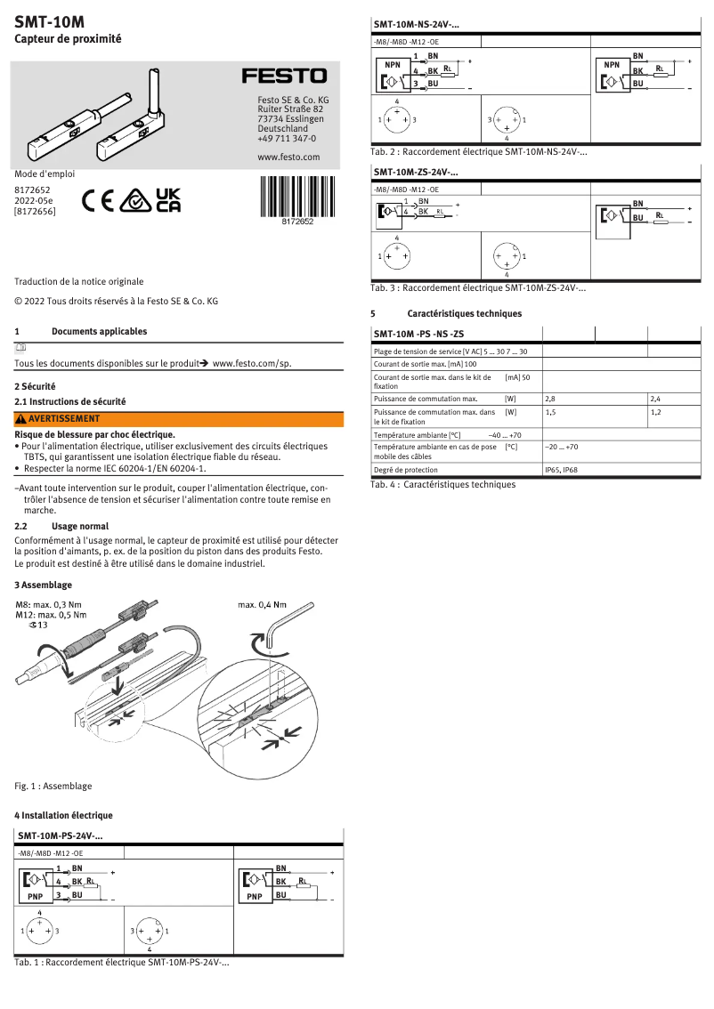 Page 1 de la notice Manuel utilisateur Festo SMT-10M-PS-24V-E-0,3-Q-M8D