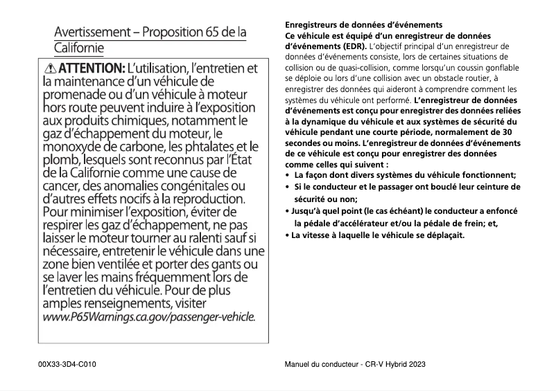 Page 1 de la notice Manuel utilisateur Honda CR-V Hybrid (2023)