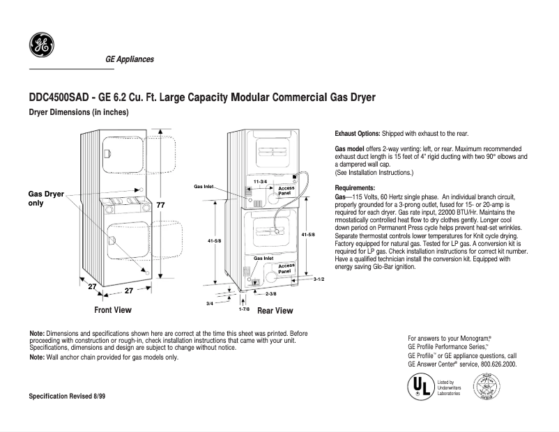 Page 1 de la notice Fiche technique GE DDC4500SAD