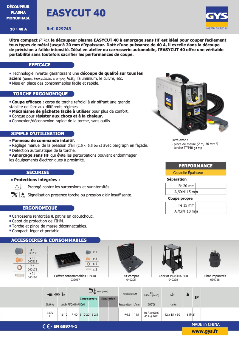 Page n°1 - Fiche technique GYS Easycut 40
