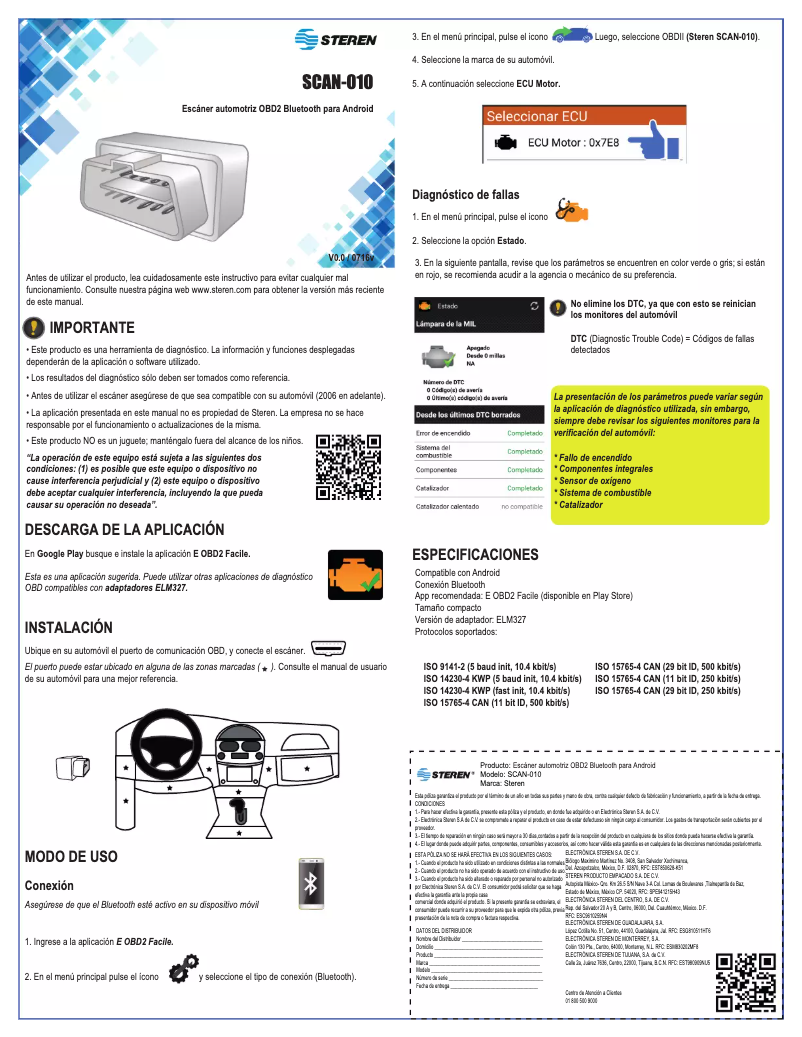 Page n°1 - Manuel utilisateur Steren SCAN-010
