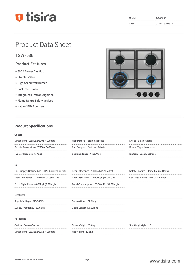 Page 1 de la notice Fiche technique Tisira TGWF63E