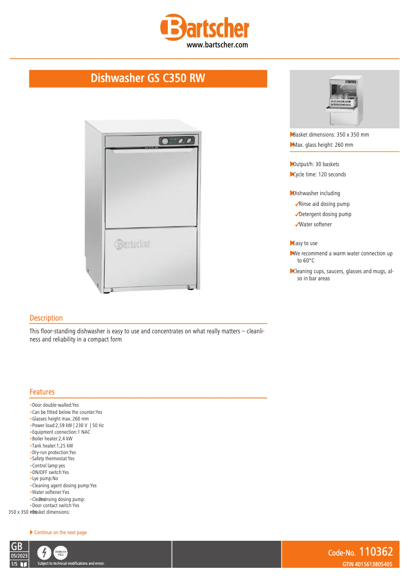 Page 1 de la notice Fiche technique Bartscher GS C350 RW