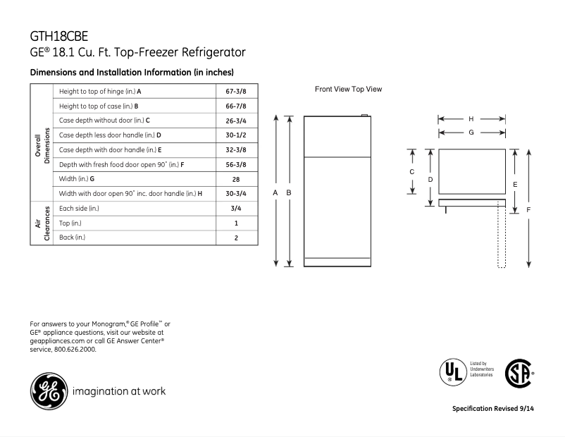 Page 1 de la notice Fiche technique GE GTH18CBEWW