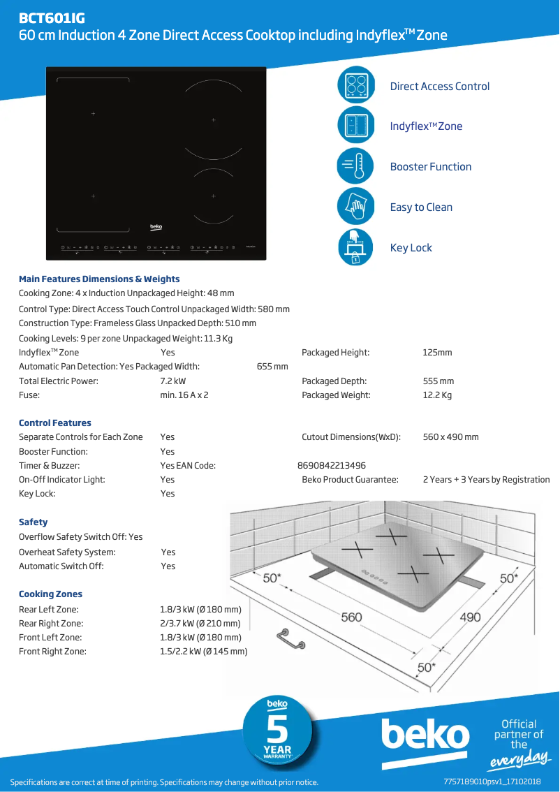 Page 1 de la notice Fiche technique Beko BCT601IG