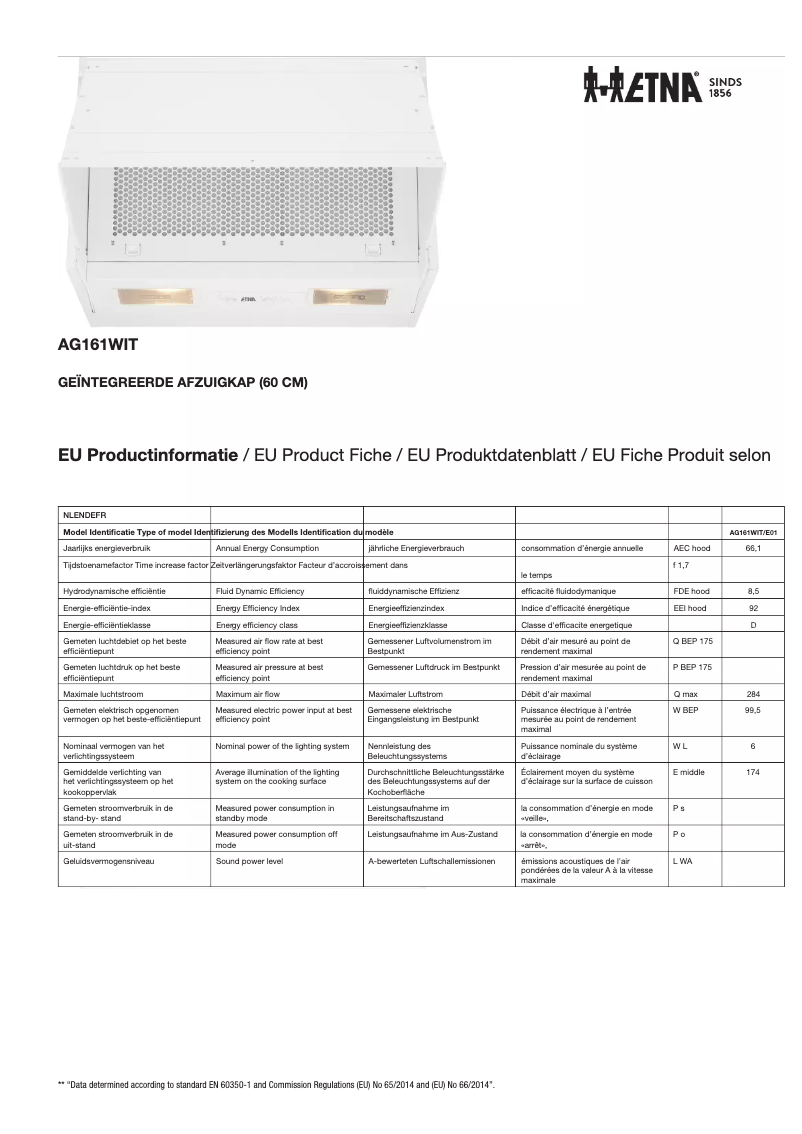 Page 1 de la notice Fiche technique Etna AG161WIT