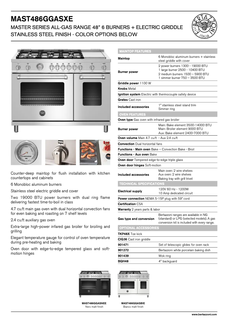 Page 1 de la notice Fiche technique Bertazzoni MAST486GGASXE
