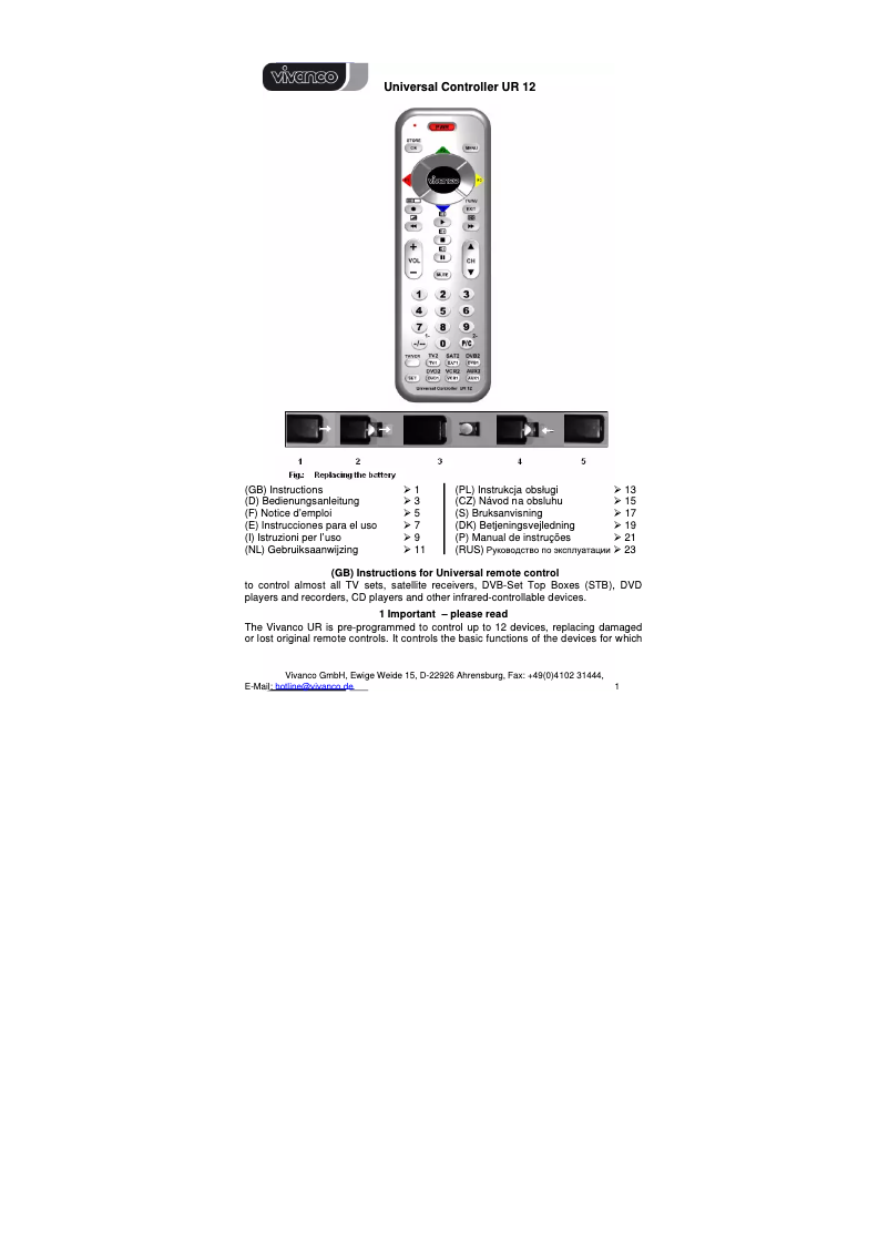 Page 1 de la notice Manuel utilisateur Vivanco Universal Controller UR 12