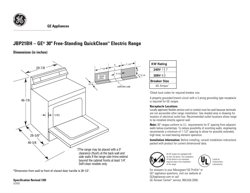 Page n°1 - Fiche technique GE JBP21BHWH