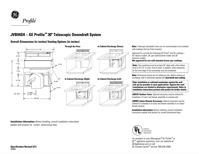 Page 1 of the manual Technical Sheet GE Profile JVB94SHSS
