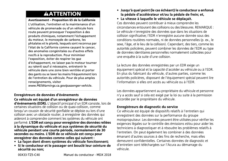 Page n°1 - Manuel utilisateur Acura MDX (2018)