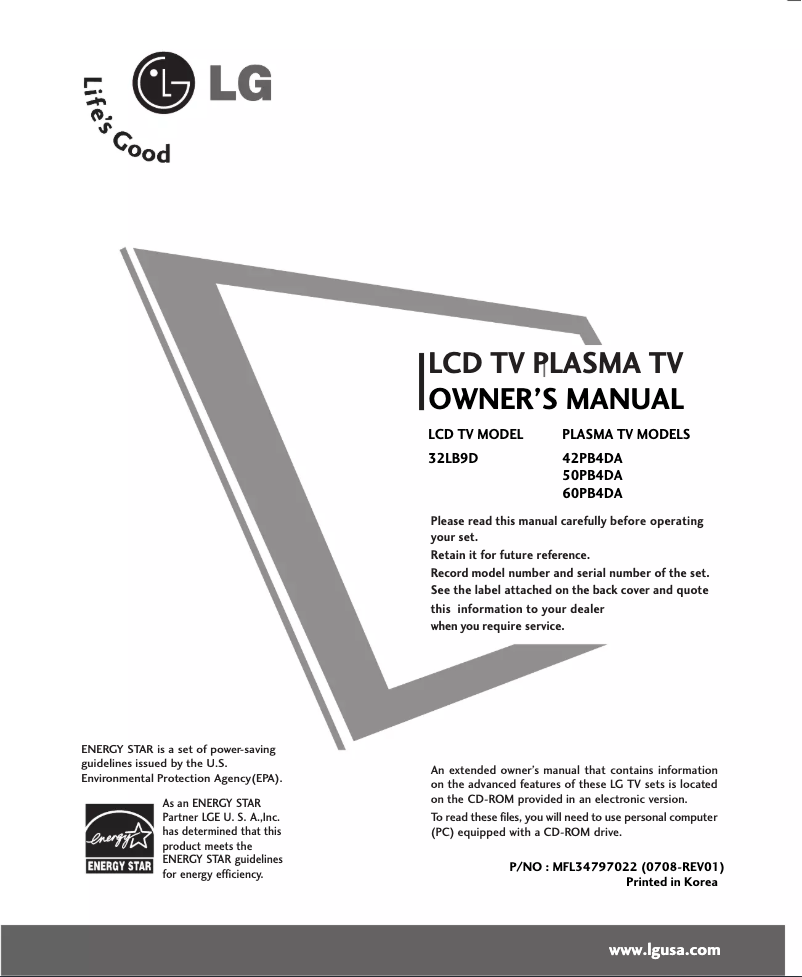 Page n°1 - Manuel utilisateur LG 50PB4DA