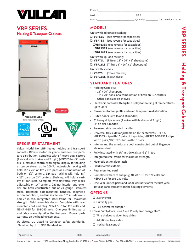 Page 1 de la notice Fiche technique Vulcan VBP5ES