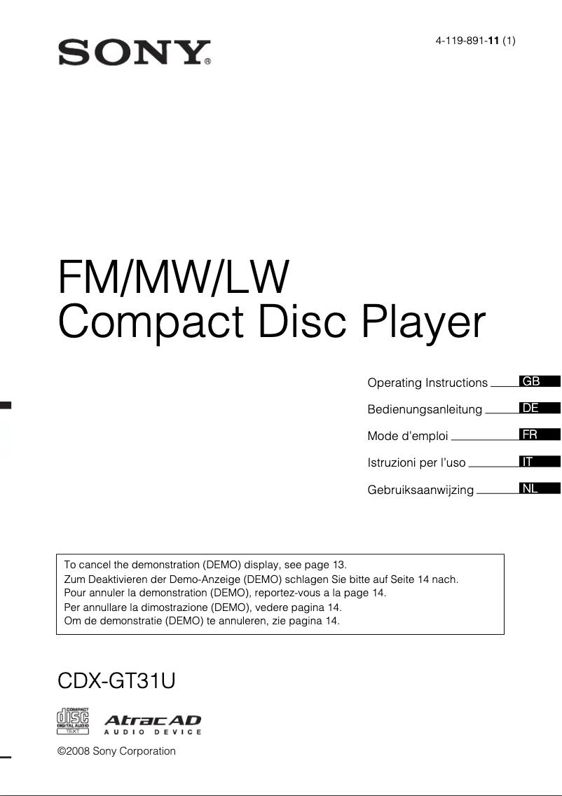 Imagen de la primera página del manual del dispositivo CDX-GT31U