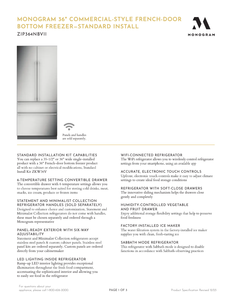 Page 1 de la notice Fiche technique Monogram ZIP364NBVII