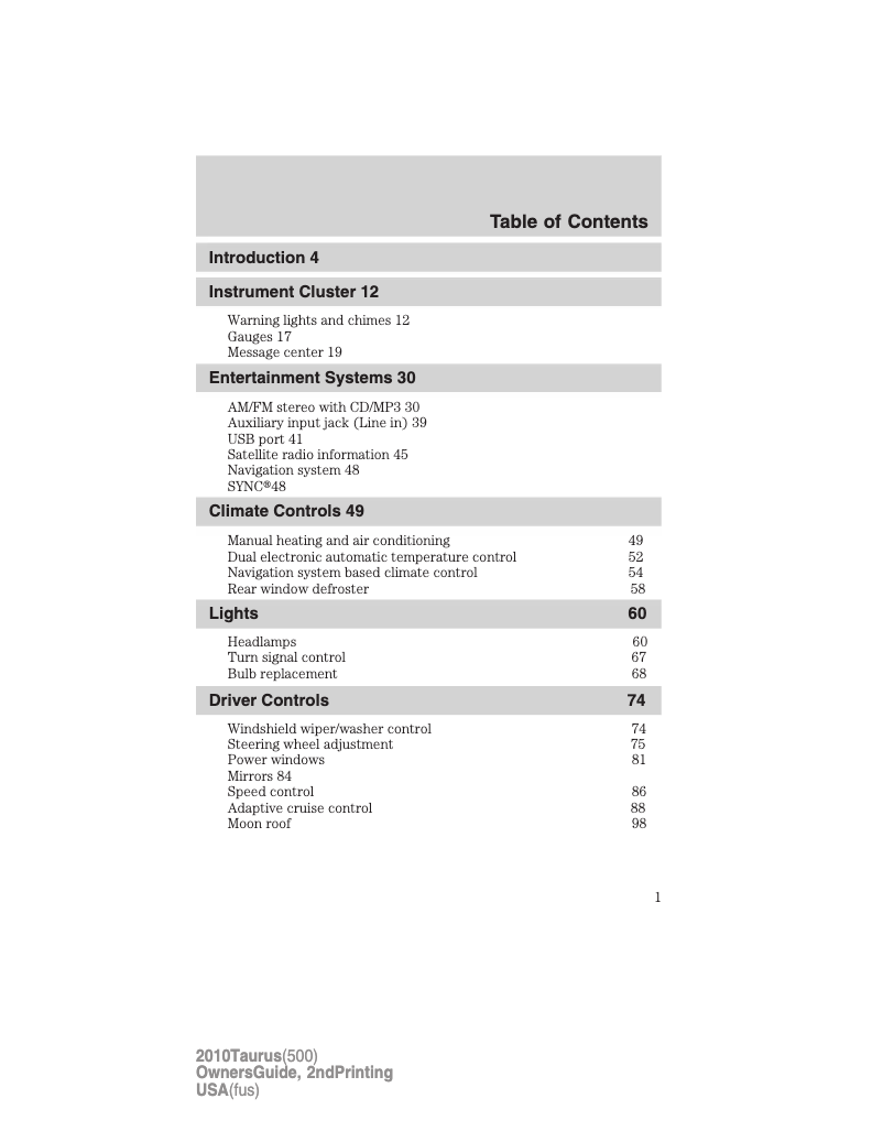 Page 1 de la notice Manuel utilisateur Ford Taurus (2010)