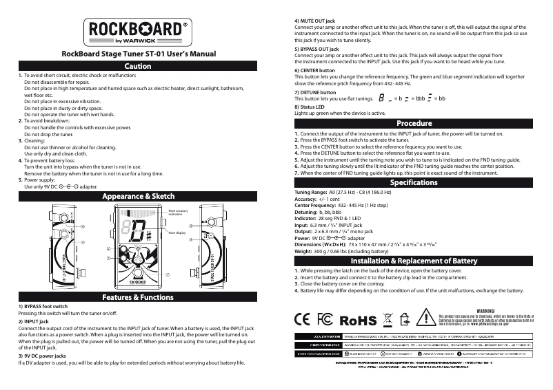 Page 1 de la notice Manuel utilisateur Rockboard Stage Tuner ST-01