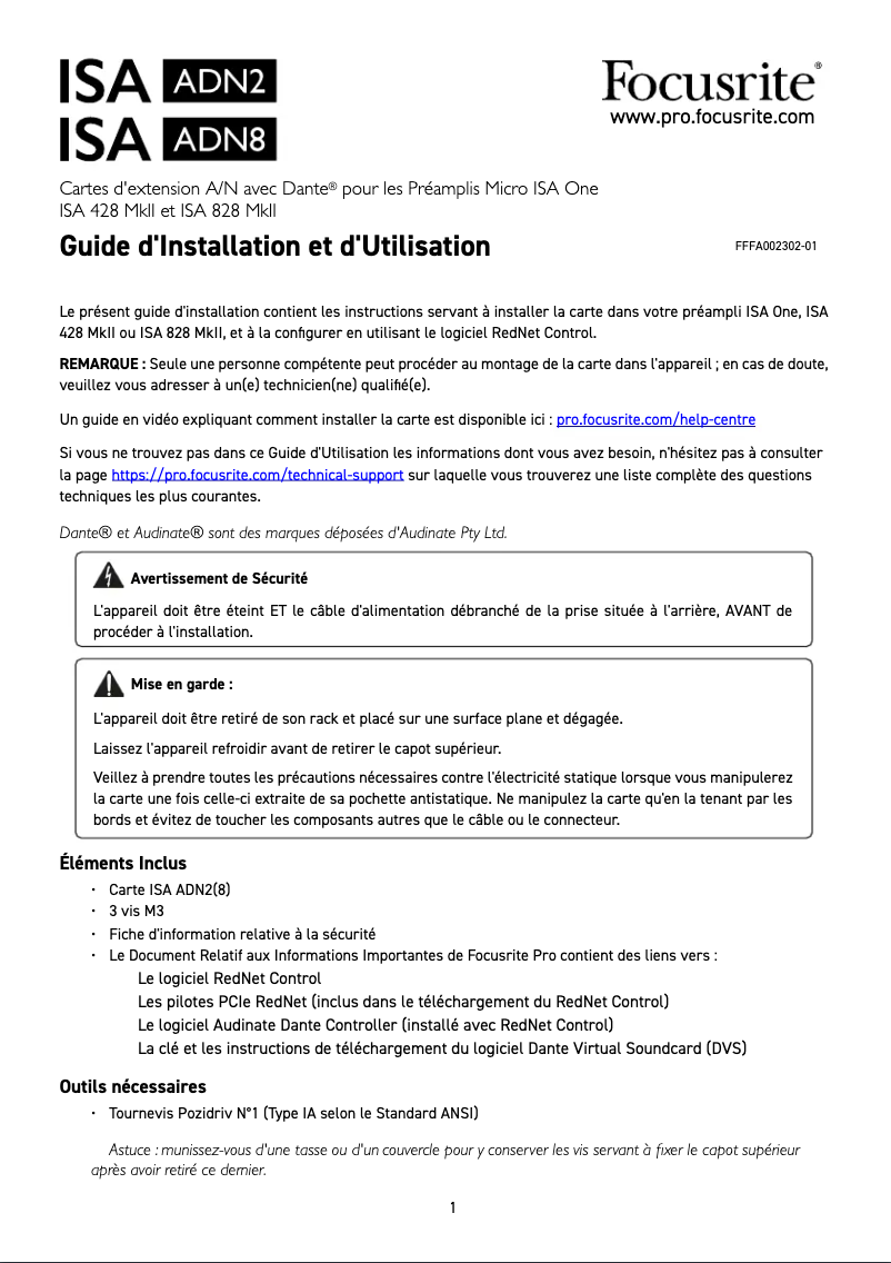 Page n°1 - Guide d'installation Focusrite ISA 428 MkII