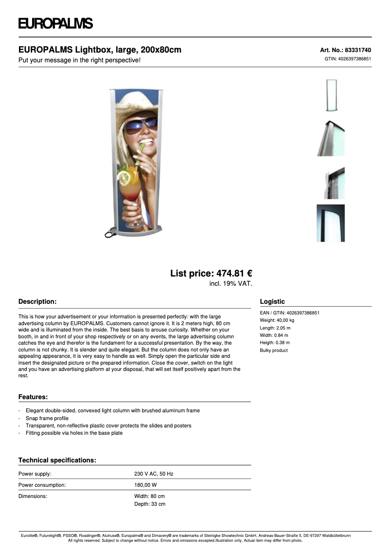Page n°1 - Fiche technique Europalms Lightbox large 200 x 80 cm