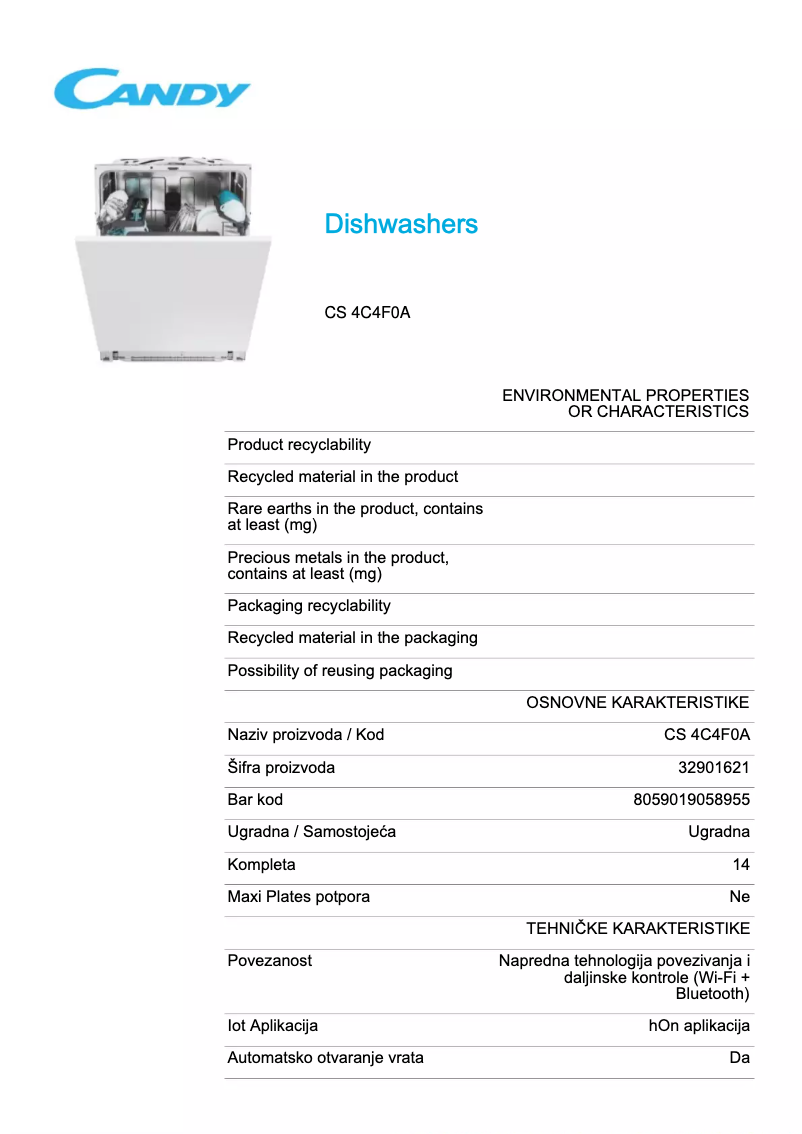 Page 1 de la notice Fiche technique Candy CS 4C4F0A