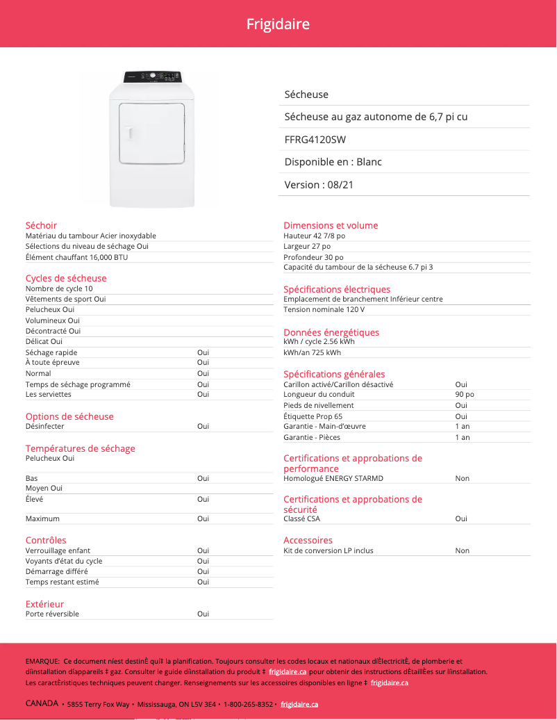 Page 1 de la notice Fiche technique Frigidaire FFRG4120SW