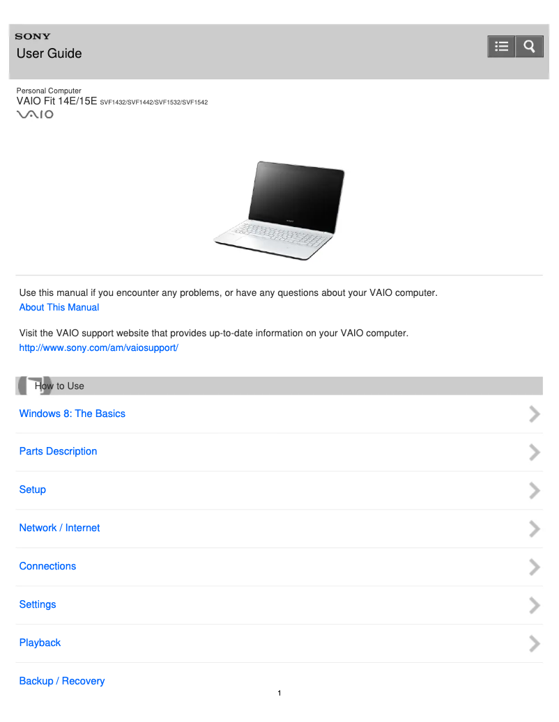 Page n°1 - Manuel utilisateur Sony Vaio Fit 14 SVF14325CLW