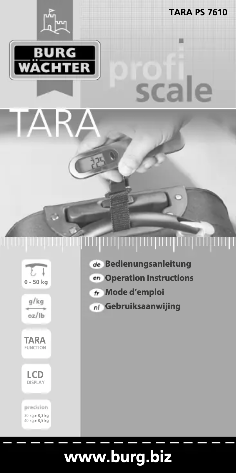 Page 1 de la notice Manuel utilisateur Burg Wächter ProﬁScale TARA PS 7610