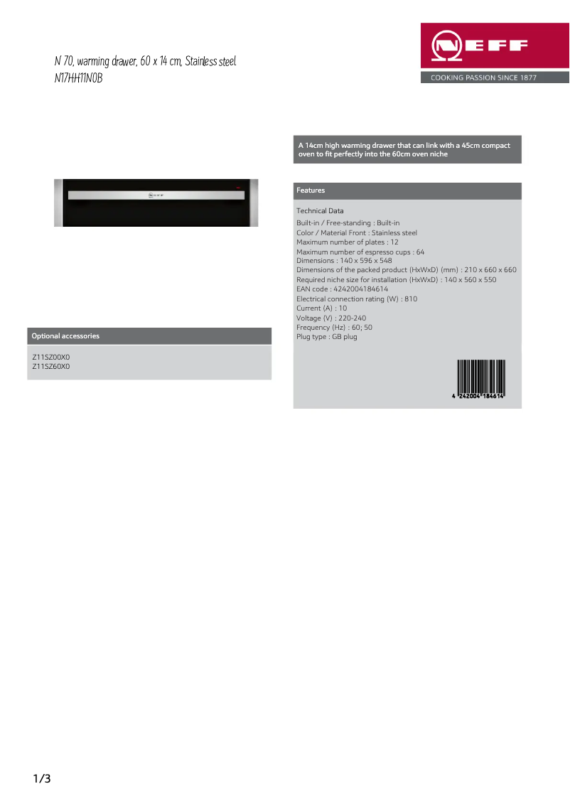 Page 1 de la notice Fiche technique Neff N17HH11N0B