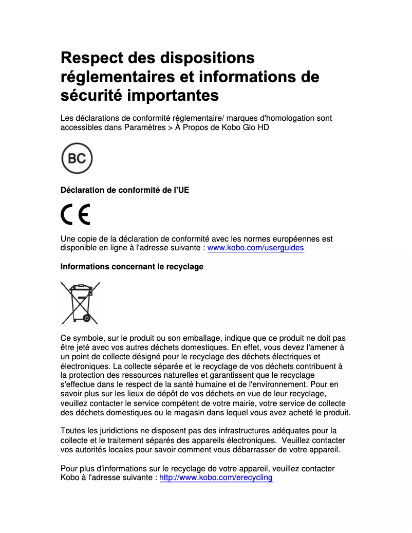 Page n°1 - Instructions de sécurité Kobo Glo HD