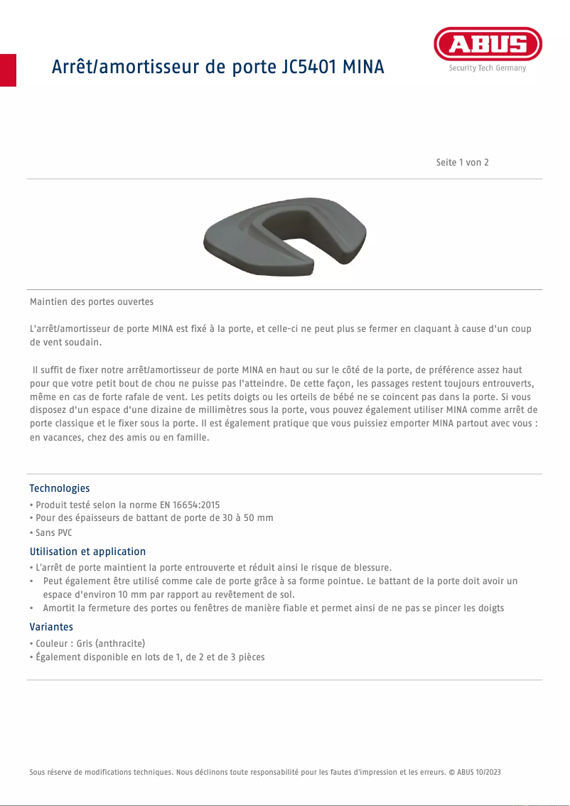 Page n°1 - Fiche technique Abus JC5401