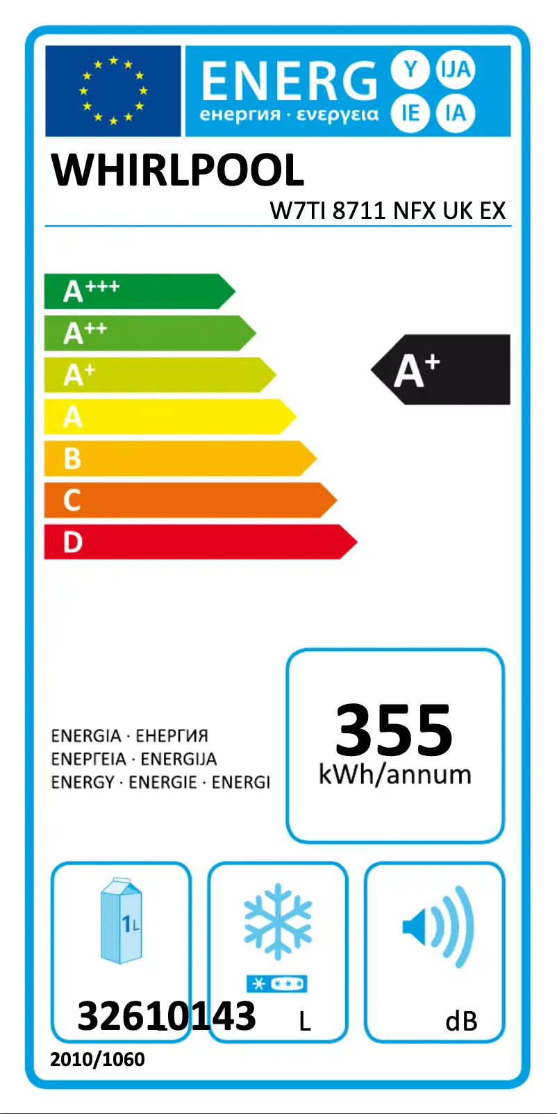 Page 1 de la notice Label énergétique Whirlpool W7TI 8711 NFX UK EX