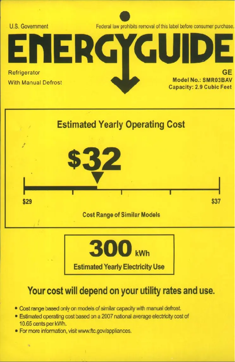 Page 1 de la notice Label énergétique GE SMR03BAVWW