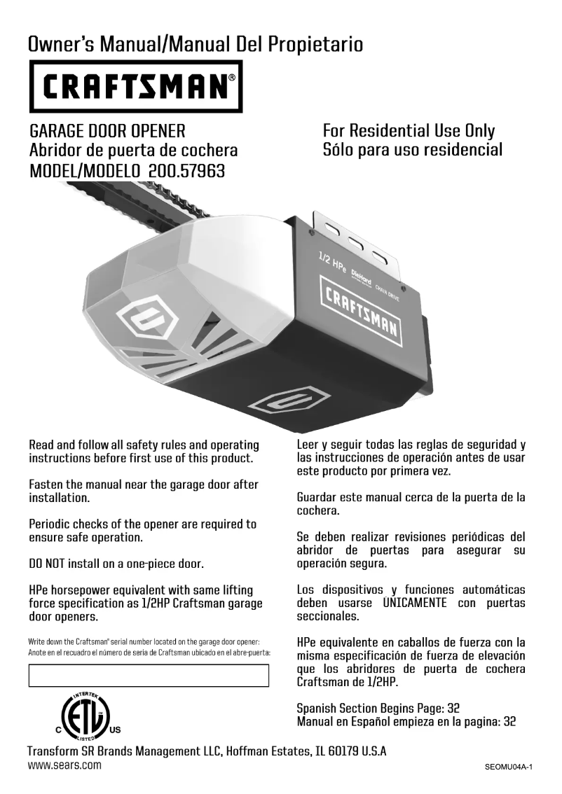 Page 1 de la notice Manuel utilisateur Craftsman 57963