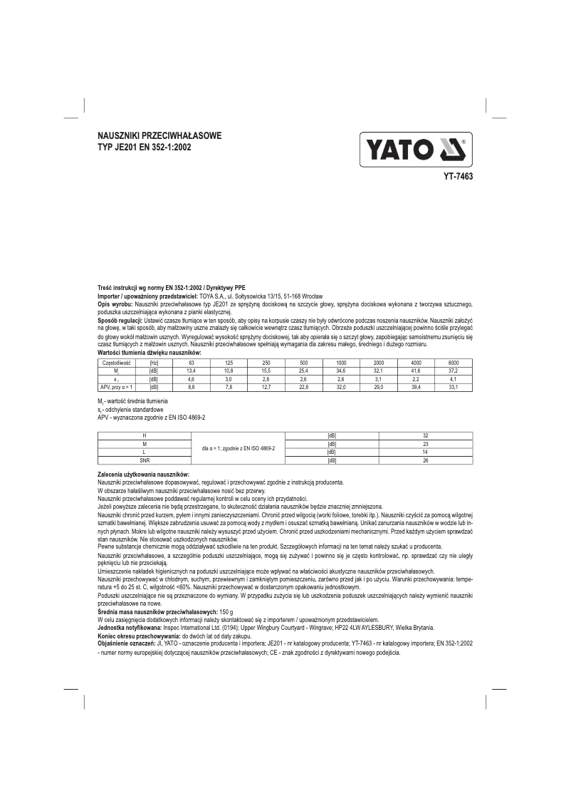 Page 1 de la notice Manuel utilisateur Yato YT-7463