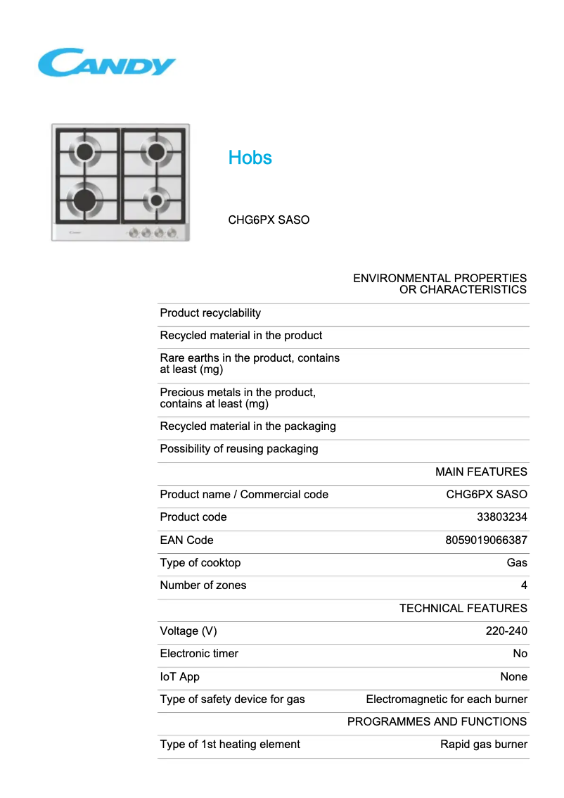 Page 1 de la notice Fiche technique Candy CHG6PX SASO